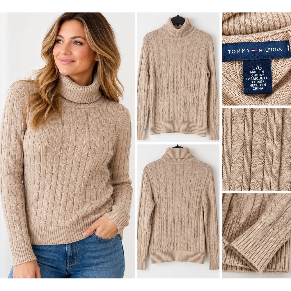 Tommy Hilfiger Women’s Large Cable Knit Turtleneck Sweater Beige Tan Long Sleeve